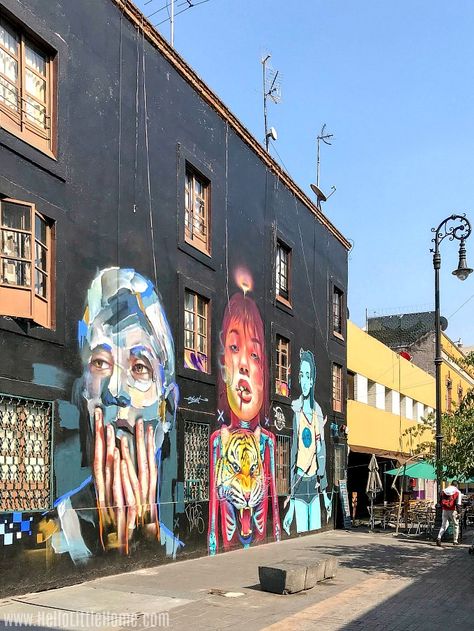 Looking for things to do in Mexico City? Add checking out Mexico City murals to your bucket list! This travel guide features a tour of Calle Regina Street Art (in historic downtown Mexico City)   has tips for visiting other Mexico City neighborhoods, like Coyoacan and Norte Roma, where you can find murals. If you want to see Mexico City street art on your CDMX vacation, this is your guide! | Hello Little Home #mexicocity #cdmx #VisitMexico #mexicocityitinerary #mexicocitystreetart #streetart City Murals, Downtown Mexico City, Things To Do In Mexico, Love Street, Visit Mexico, Historic Downtown, City Street, City Streets, Mexico City