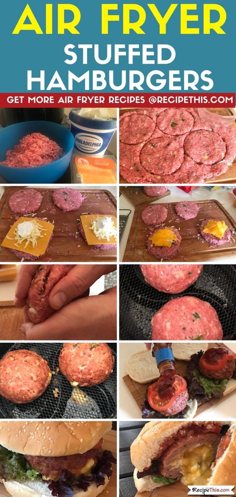 Cheese Burgers In Air Fryer, Air Fryer Stuffed Burgers, Jucy Lucy Burgers, Inside Out Burger, Stuffed Hamburgers, Hamburger Dinner Ideas, Recipes Using Hamburger, Juicy Lucy Burger, Stuffed Burgers