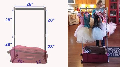 Add a garment rack to your rolling luggage to make a Dream Duffel! Dance Christmas Ornaments, Garmet Bag, Dream Duffel, Dance Diy, Diy Rack, Portable Clothes Rack, Dance Garments, Rolling Rack, Dance Comp