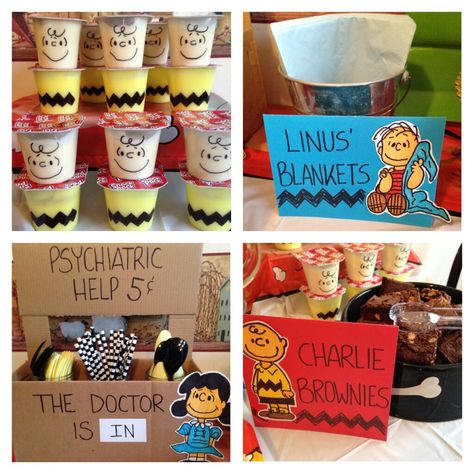 Charlie Brown peanuts birthday party ideas. I used a box to create the cute utensil holder. Charlie Brown Theme Birthday Party, Charlie Brown Snack Ideas, Charlie Brown Christmas Birthday Party, Charlie Brown Party Food, Charlie Brown Christmas Theme Party, Charlie Brown Theme Party, Peanuts Themed Party, Charlie Brown Themed Food, Charlie Brown Christmas Party Food