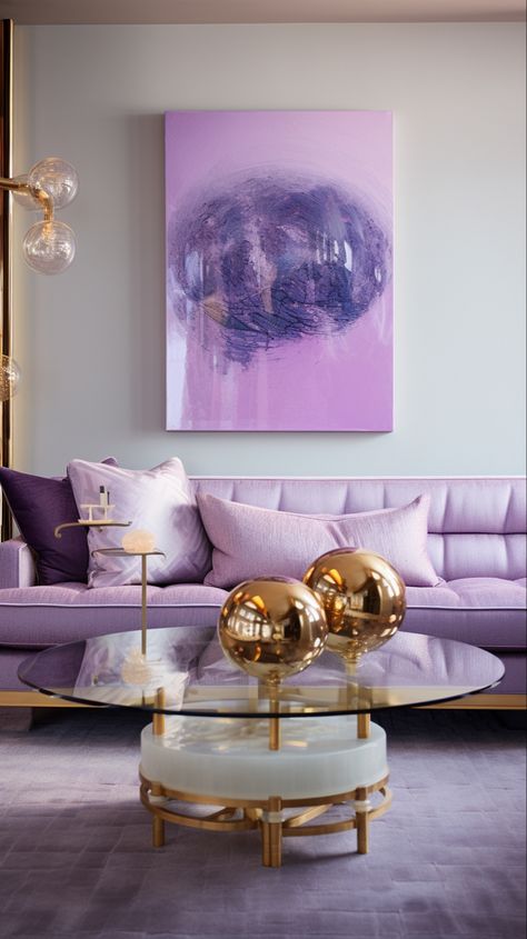 Jonathan Adler Inspired, Cream And Gold Living Room, Digital Lavender, Lavender Cream, Royal Theme, Gold Living, Pastel Interior, Gold Living Room, Purple Decor