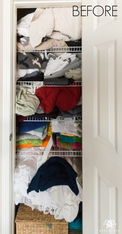 Bedding Cupboard Organisation, Organize Bedding Linen Closets, How To Organize Extra Bedding, Ways To Organize Sheets In Closet, Where To Store Extra Blankets, Linen Drawer Organization, Maximize Linen Closet Space, Diy Linen Closet Organization, Large Blanket Storage Closet