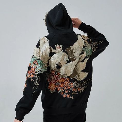 Black Jacket Hoodie, Japanese Hoodie, Fox Hoodie, Estilo Harajuku, Hip Hop Sweatshirts, Embroidery Hoodie, Streetwear Hoodie, Unique Hoodies, Japanese Streetwear