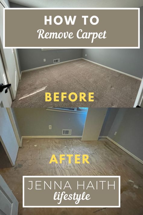 From Carpet To Wood Floors, How To Pull Up Carpet, Diy Carpet Replacement, Replacing Carpet With Laminate, Carpet Removal Diy, Carpet To Hardwood Transition, Diy Carpet Removal, Installing Carpet, Ripping Up Carpet