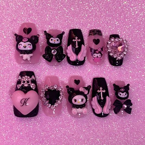 Kuromi Stuff, Kitty Nails, Fake Nails Designs, Maroon Nails, Art Deco Nails, Punk Nails, Gothic Nails, Hello Kitty Nails, Pretty Nail Art Designs