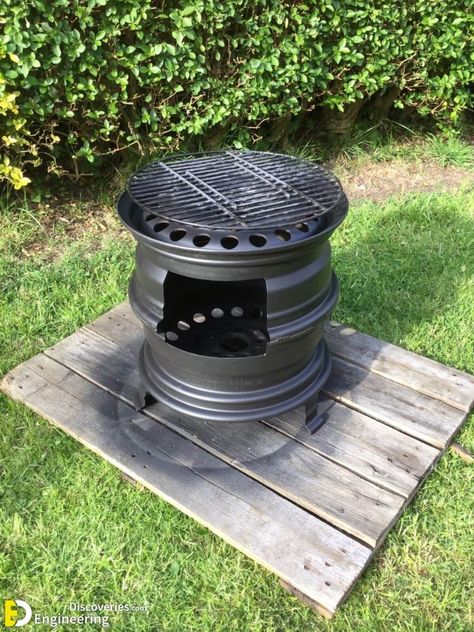 Amazing Wheel Rim Fire Pit Design Ideas | Engineering Discoveries Car Rims Ideas Diy, Tire Rim Fire Pit, Rim Fire Pit, Bbq Diy, Wheel Fire Pit, Diy Wood Stove, Fire Pit Bbq, Cool Fire Pits, Bbq Grill Design