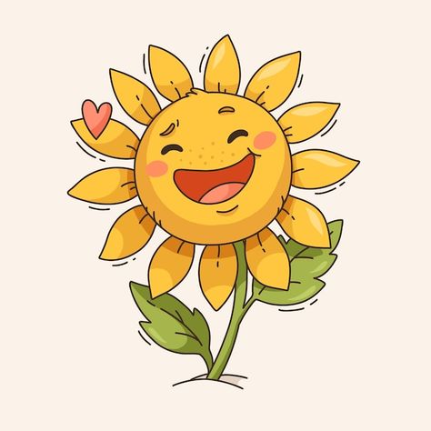 Flower Cartoon Illustration, Sunflower Cartoon Drawing, Sunflower Character Design, Sunflower Animated, Cute Sunflower Drawing, Beverage Drawing, Cartoon Flowers Drawing, Sunflower Character, Sunflower Cartoon