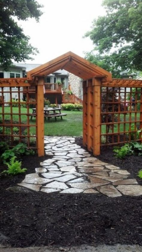 30+ Fancy Wooden Fence Styles and Designs (with Pictures) Garden Landscaping Design Ideas, Walkway Landscaping, Beautiful Home Gardens, Garden Arbor, Stone Walkway, Stone Path, Garden Landscape Design, Garden Structures, Wooden Garden