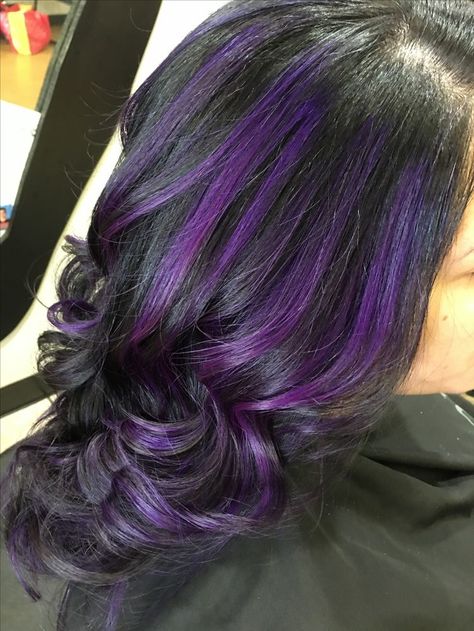 Types Of Purple Hair Colour, Voliet Color Hair, Long Black And Purple Hair, Purple Hair Designs, Grunge Hair Dye Ideas Purple, Skunk Hair Dye Purple, Chunky Purple Highlights On Dark Hair, Purple Chunky Highlights Black Hair, Purple And Brown Hair Ideas