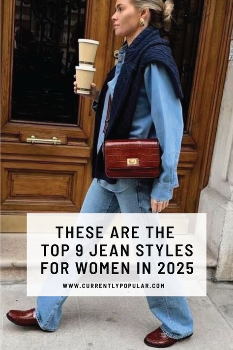 Discover the top 9 jean styles every woman needs in 2025! From classic high-rise to trendy wide-leg and vintage-inspired cuts, we’ve rounded up versatile options for all body types and styles. Find out which jeans will become your new go-tos and keep your wardrobe on-trend this year! Different Styles Of Jeans For Women, Jean And Shoes Guide, Street Style 2024 Women, Modern Jeans For Women, Clothes Trends 2025 Women, Popular Jeans For Women 2024, What To Wear With Light Jeans, Jeans Over 40 Outfit, Jean Length Guide Style