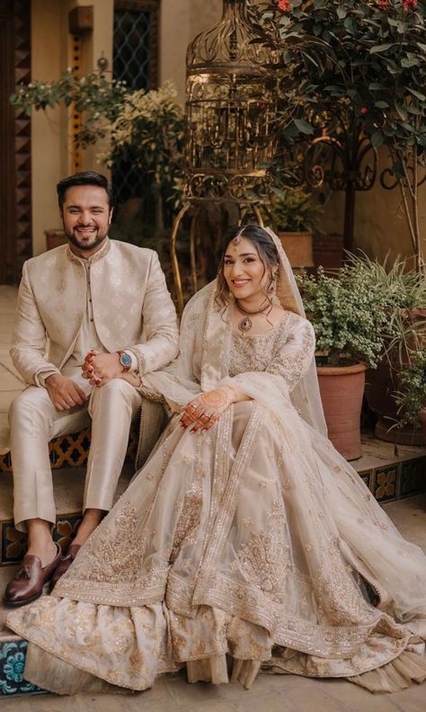 Couples Wedding Reception Outfit, Nikkah Outfit Bride And Groom, Nikkah Dress For Groom, Pakistani Wedding Shoot Couple, Pakistani Wedding Photography Poses, Pakistani Engagement Photos, Nikkah Outfit For Men, Nikkah Groom Outfit, Nikkah Poses Couple