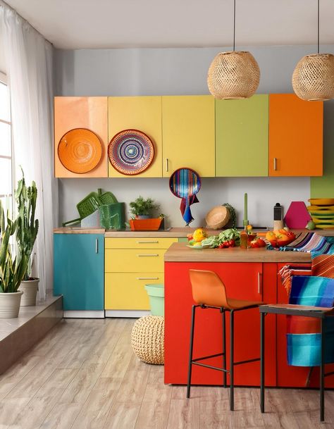 Vibrant Colour Palette Bright Colored Cabinets Kitchen, Primary Color Kitchen, Mexican Kitchen Design, Mexican Style Kitchens Ideas, Folk Kitchen, Multicolor Kitchen, Colorful Tiles, Dark Blue Bedrooms, Girls Bedroom Makeover