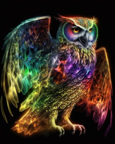 Mythical Owl, Mythical Owl Creatures, Mythical Owl Art, Giant Owl Fantasy Art, Rainbow Owl, Birds, Rainbow, Art