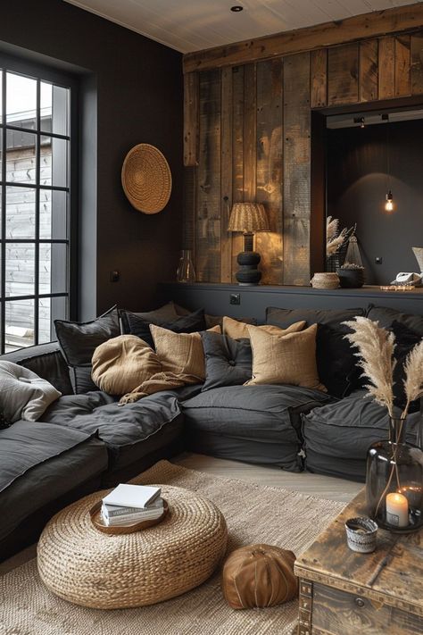 Dark Living Room Aesthetic Luxury, Dark Cozy House Aesthetic, Black Living Room Inspiration, Dark Gray Sectional Living Room Decor, Moody Rustic Living Room, Dark And Cozy Living Room, Black And White Aesthetic Living Room, Masculine Modern Living Room, Very Small Living Room Ideas