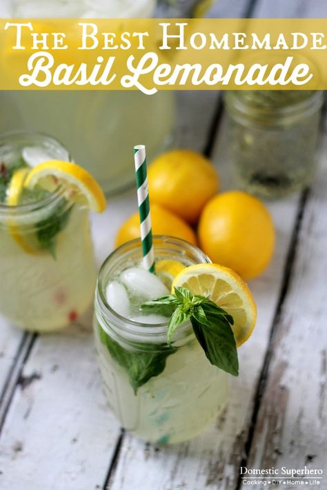 The BEST Homemade Basil Lemonade - perfect for summer basil! Lemonade Beyonce, Cocktail Corner, Basil Simple Syrup, Strawberry Basil Lemonade, Juice Blends, Flavored Lemonade, Basil Lemonade, Homemade Lemonade Recipes, Lemonade Cocktail