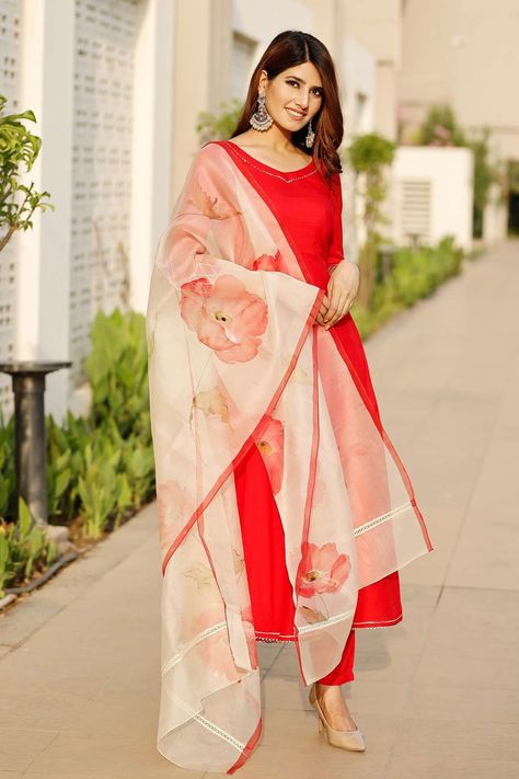 Buy Pheeta Red Rayon Anarkali Set With Hand Painted Dupatta Online | Aza Fashions Floral Organza Dupatta, Latest Cotton Kurti Designs, Latest Designer Kurtis, Latest Kurti Designs, Red Kurti, Scarlett Red, Red Anarkali, Gota Embroidery, Kurti Fashion