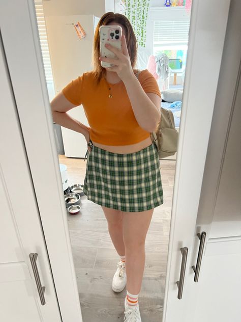 Orange Top / Green Checkered Skort / White Sneaners Midsize Outfit, Skort Outfit, Green Checkered, Midsize Outfits, Orange Top, Outfit Idea, Skater Skirt, Fashion Inspo, Orange