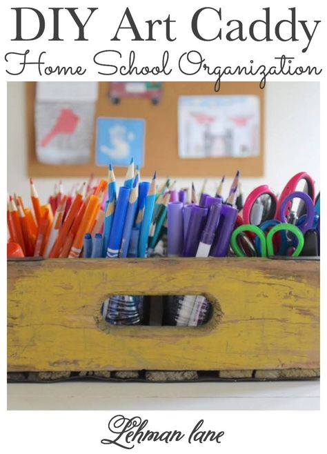 DIY Art Caddy from an Old Beverage Crate (Home School Organization) - Lehman Lane Homework Station Diy, Home School Organization, Pencil Caddy, Art Caddy, Upcycle Art, Handmade Kids Toys, Art Supply Organization, Pencil Organizer, Cork Diy