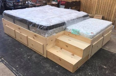 You Can Get A Wooden Kingsize Bed With An Extra Bed At The End For Your Pups Bed With Dog Bed, Wooden King Bed, Built In Dog Bed, Diy King Bed, Diy King Bed Frame, Bed Extension, Raised Dog Beds, Ropa Upcycling, Bed Steps