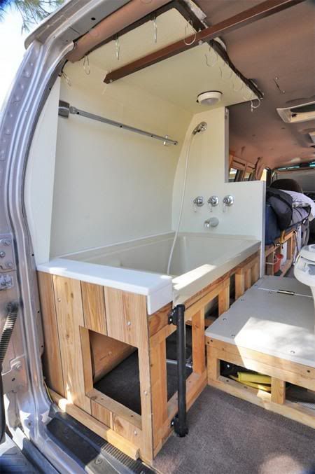 Wow. Now THAT'S a shower! - Class B Forums Van Bathtub, Camper Van Shower, Kangoo Camper, Camper Bathroom, Diy Van Conversions, Transit Camper, Ford E250, Airstream Interior, Suv Camping