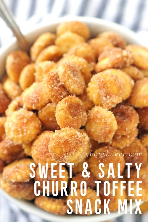 This Sweet & Salty Churro Toffee Snack Mix is insanely delicious and highly addictive. You won’t be able to stop at just one handful. Perfect dessert recipe that is super easy to make and family friendly! I am a mom of five boys and making recipes that they like is a challenge but also so fun! This was a winner with my boys. Give this Utah mom blogger some love and check out my site for more awesome baking recipes that your family will love. Sweet Game Day Snacks, Snickerdoodle Chex Mix Recipes, Family Night Desserts, Low Calorie Snack Mix Recipes, Group Snacks Easy, Oyster Cracker Snack Recipes Sweet, Easy Quick Snacks To Make, Hotel Snack Ideas, Sweet Finger Foods For Party