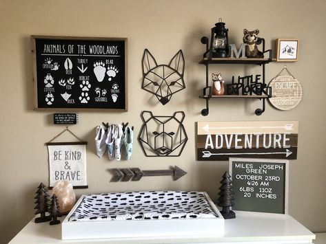 Woodland Nursery Gallery Wall, Woodsy Nursery Baby Boy, Deer Nursery Ideas Boy, Boy Nursery Woodland, Baby Boy Woodland Nursery, Nursery Changing Station, Twin Nursery Room, Woodsy Nursery, Boy Room Bedding