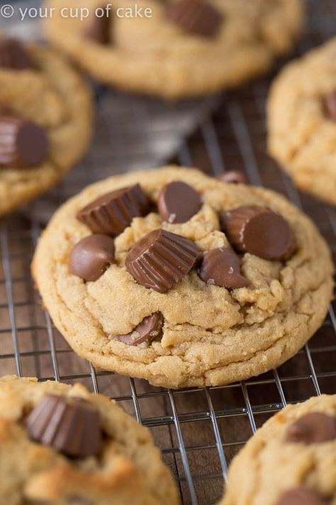 Bakery Style Reese's Peanut Butter Cup Cookies. Everyone begs me for this recipe! Mini Resses Cup Cookies, Resses Peanut Butter Cup Cookies, Reese's Cookies, Reese's Peanut Butter Cup Cookies, Cup Of Cake, Reeses Cookies, Patisserie Vegan, Cup Cookies, Reese's Peanut Butter Cup