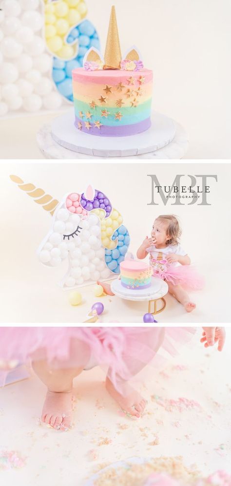 Princess Smash Cakes, Rainbow Smash Cakes, Diy Unicorn Cake, Unicorn Cake Smash, Themed Cake Smash, Cake Smash Inspiration, Cake Smash Pictures, Smash Cake Girl, Baby Cake Smash