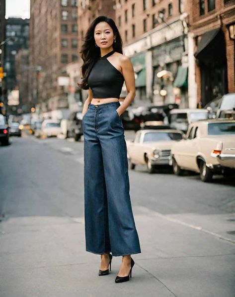 25 Chic Wide Leg Jeans Outfits in 2024 Every Woman Must Try Dark Denim Wide Leg Jeans Outfit, High Waisted Wide Leg Jeans Outfit, Wide Pants Outfit, Wide Leg Jeans Outfits, Pant Outfits For Women, Petite Dressing, Wide Leg Outfit, High Waisted Jeans Outfit, Outfit Petite