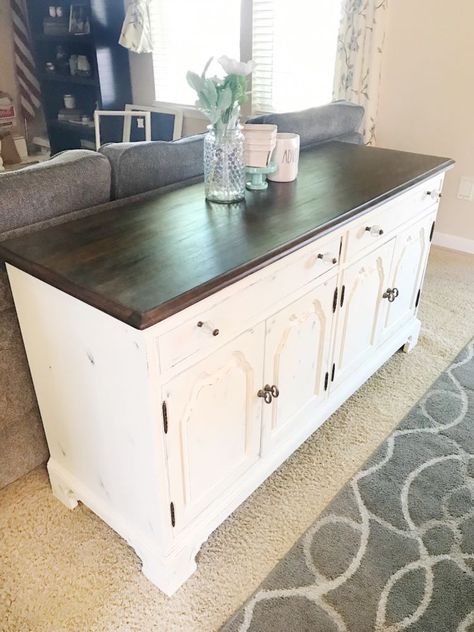 Do you have a tired and worn looking piece of furniture that you’re just not sure what to do with it? Instead of throwing it out, let’s refinish it! Fair warning- rehabbing furniture can get addicting. When a friend of ours was getting rid of their tired, beat up buffet, we jumped on board to fix it up and find it a new home. The materials we used for this project:• orbital sander • 220 grit sand paper• minwax stain• polyurethane • wood filler • chalk paint• wax seal• paint brushes• Refinished Buffet, Upcycled Furniture Before And After, Buffet Makeover, Chalk Paint Wax, Painted Buffet, Minwax Stain, Orbital Sander, Wood Buffet, Sand Paper