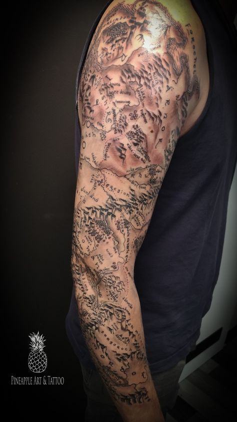 Full sleeve with lord of the rings Middle Earth tattoo Lord Of The Rings Tattoo For Men, Lord Of The Rings Leg Sleeve Tattoo, Lord Of The Rings Full Sleeve Tattoo, Lotr Sleeve Tattoos For Guys, Map Of Middle Earth Tattoo, Fantasy Map Tattoo, Romantic Tattoo For Men, Lord Of The Rings Chest Tattoo, Lord Of The Rings Map Tattoo