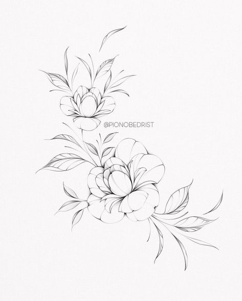 Fineline Flower Tattoo Design, Peony Tattoo Design, Rose Tattoo Stencil, Peony Flower Tattoos, Peony Drawing, Mujeres Tattoo, Latest Tattoo Design, Flower Tattoo Ideas, Floral Thigh Tattoos