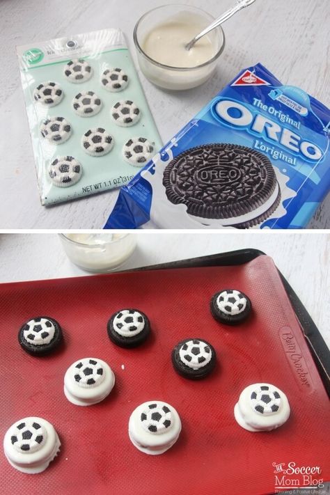 Soccer Ball Oreos, Soccer Themed Food Ideas, Soccer Party Appetizers, Soccer Party Food Snacks, Soccer Oreos, Soccer Party Food Ideas, Soccer Themed Snacks, Soccer Desserts, Soccer Party Food