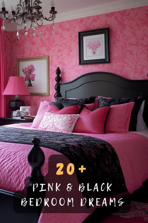 ✨ Create your perfect bold and feminine space with these 20 amazing pink and black bedroom designs! Perfect blend of edgy and elegant vibes. Click for styling inspiration 🖤 #pinkbedroom #bedroomdesign #interiordesign #blackandpink #bedroomdecor #modernbedroom #roominspo Hot Pink And Black Bedroom, Pink Black Bedroom Ideas, Black And Pink Room Aesthetic, Dark Pink Room, Black Bedroom Inspirations, Black And Pink Bedroom Ideas, Pastel Goth Bedroom, Pink And Black Bedroom Ideas, Pink Black Bedrooms