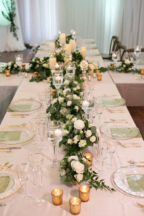 Gold And White Wedding Theme Decor, Elegant Green Centerpieces, Green Gold White Centerpieces, Wedding Table Decorations Green And Gold, Green Cream And Gold Wedding Table Settings, White Green Decor Wedding, Gold Green Ivory Wedding, Gold And White Wedding Centerpieces, Green White Gold Party Theme