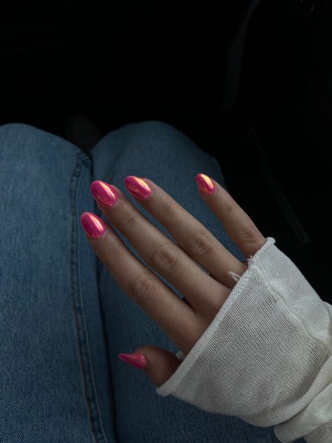 Hot Pink And Gold Nails, Metallic Pink Nails, Hot Pink Chrome Nails, Round Tip Nails, Hot Pink Summer Nails, Trip Nails, Prom Details, Nail Inspo Acrylic, Nails Hot Pink