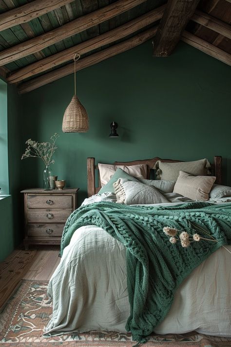 29 Dark Green Bedroom Ideas for a Modern and Chic Vibe - My Elegant Home Dark Green Bedroom Ideas, Dark Green Bedroom, Moody Bedroom Ideas, Green Bedroom Ideas, Modern Boho Bedroom, Peaceful Bedroom, Earthy Bedroom, Moody Bedroom, Creative Bedroom