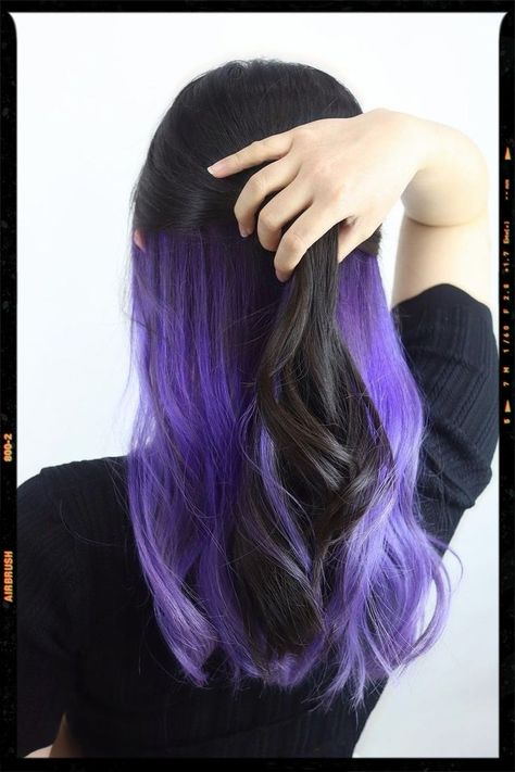 Purple Hair Bottom Layer, Short Black Hair With Purple Underneath, Black On Top Purple Underneath Hair, Hair Color Ideas Underneath Colour Purple, Lilac Purple Hair Underneath, Purple Hair Underneath Black, Half Black Half Purple Hair Underneath, Black Hair With Purple Halo, Halo Hair Dye Style Purple