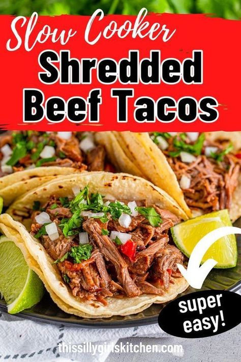 Slow Cooker Shredded Beef Tacos Shredded Chuck Roast Recipes, Chuck Roast Tacos Slow Cooker, Shredded Beef Tacos Crockpot, Shredded Beef Tacos Recipes, Slow Cooker Shredded Beef, Shredded Beef Tacos, Taco Filling, Crock Pot Tacos, Beef Tacos