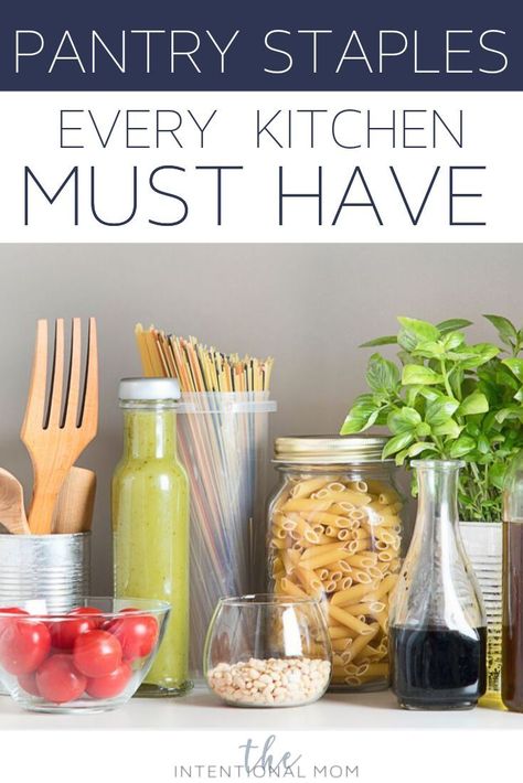 Do you have a list of pantry staples to always have in your home? This list will keep you out of the drive-thru & still help you get a meal on the table in a flash. This mom of 9 is able to feed her family for just $400 a month. Free  pantry staples list printable included! #theintentionalmom #moneysavingmeals #frugalliving #easymeals #freeprintable Pantry Must Haves, Pantry Table, Pantry Staples List, Kitchen List, Traditional Homemaking, Organized Finances, Homemaking Hacks, Vintage Homemaking, Traditional Housewife