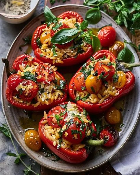 You searched for Orzo - Miarecipes Bell Peppers Stuffed, Tuscan Bean Soup, Red Bell Peppers, Bell Peppers, Orzo, Beautiful Food, Stuffed Bell Peppers, Healthy Dinner, Basil