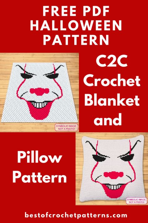 Halloween crochet – Creepy Blanket Patterns ( FREE Pattern) Pennywise Crochet Pattern Free, C2c Crochet Pattern Free Beginner, Crochet Pennywise, Free C2c Crochet Pattern, Crotchet Blankets, Free Halloween Crochet, Clown Crochet Pattern, C2c Patterns, C2c Blanket