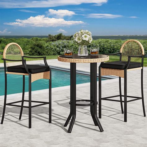 Such a cute little black steel and wicker piece for by the pool or on the front porch. Coffee in the AM cocktails in the PM. Bar Table Set, Bistro Furniture, Outdoor Bar Sets, Patio Bar Table, Bar Table Sets, Patio Bar Set, Outdoor Bistro Set, Black Bar Stools, Patio Furniture Covers