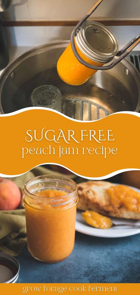 Sugar Free Peach Jam Recipe for Canning (Low Sugar or Honey Option) - You're going to love this easy to make no sugar peach jam recipe for canning! This homemade peach jam is the perfect summer recipe to preserve fruit longer and it's healthy, too! Learn all about canning your fruit jam for long-term storage. low sugar peach jam recipes | jam canning for beginners Peach Canning Recipes No Sugar, Low Sugar Peach Jam Recipe Canning, Sugar Free Jam Recipes For Canning, Sugar Free Peach Jam Recipe, Sugar Free Peach Jam, Peach Jam Recipes, Low Sugar Peach Jam, Low Sugar Jam Recipes, Preserve Fruit