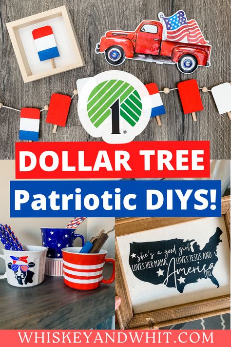 Dollar Tree DIY Memorial Day + 4th of July Summer Decor Projects - Whiskey & Whit Dollar Tree Fourth Of July Decorations, Dollar Tree Fourth Of July Crafts, Patriotic Crafts Diy Simple, Diy Memorial Day Decorations, Dollar Tree Patriotic Crafts Diy, Dollar Tree 4th Of July Crafts, 4th Of July Crafts To Sell, Summer Dollar Tree Crafts, Memorial Day Decor Diy