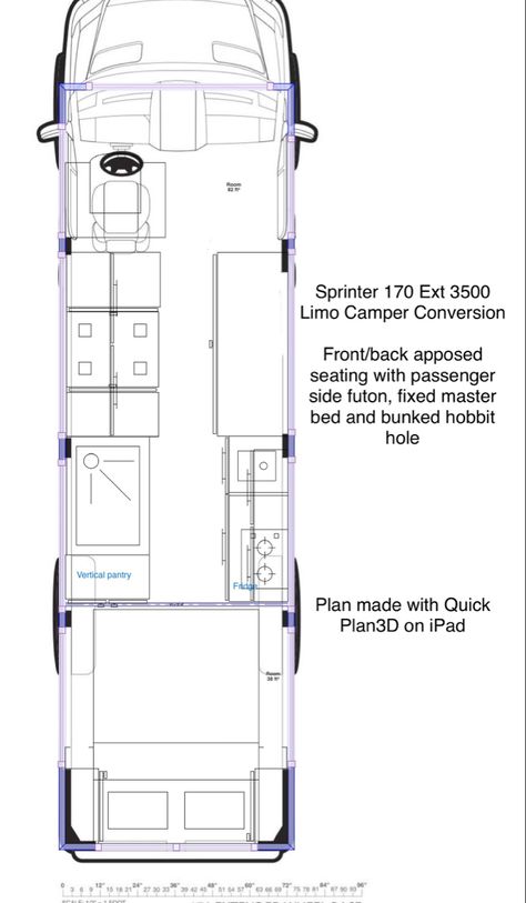 Mercedes sprinter 170 EXT 3500 Limo Camper Conversion Front/back apposed seating with passanger side futon, fixed master bed and bunked hobbit hole Sprinter Van Conversion Floor Plan, Mercedes Sprinter Camper Conversion, Sprinter Van Conversion Layout 170, Van Conversion Floor Plans, Ford Transit Camper Van Layout Floor Plans, Sprinter Van Conversion Layout, Sprinter 170 Conversion, Rear Bathroom Camper Van, Sprinter Camper Conversion