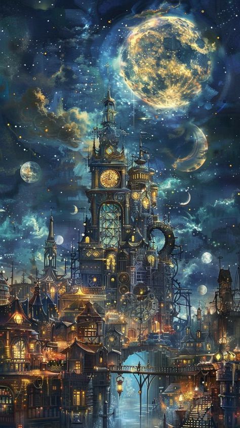 Gothic City Fantasy Art, Magitech City, Steampunk Alice In Wonderland, Steampunk Kunst, Steampunk World, Moon Kingdom, Gardens Of Babylon, Beautiful Flower Drawings, Dreamy Artwork