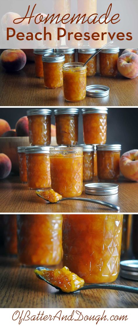 Peach Preserves Recipe • Fruit Jam & Fruit Preserves | OfBatter&Dough Peach Preserves Recipe, Peach Butter, Canning Peaches, Canning Fruit, Peach Preserves, Canning Jam, Canned Fruit, Peach Jam, Fruit Preserves