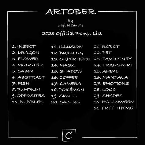 2023 Official Prompt List for Artober from Craft n Canvas Drawtober Prompts, Artober 2023, Draw Ur Monster Challenge, Drawlloween Prompts, November Art Challenge 2022, October Drawing Challenge 2022, Improve Drawings, Positive Habits, Pets 3