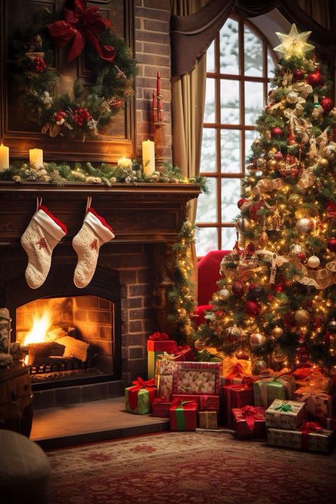 Christmas Fireplaces, English Homes, Christmas Aesthetics, Scandinavian Room, Cozy Scandinavian, Cozy Christmas Living Room, Lights Aesthetic, Christmas Wallpaper Backgrounds, Christmas Scenery